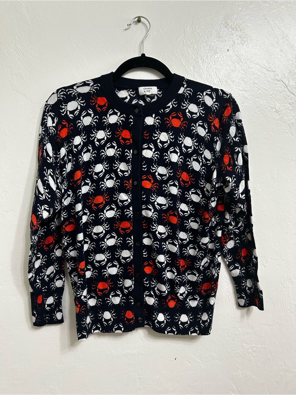 crown & ivy Navy Cardigan with Red and White Crab Motif